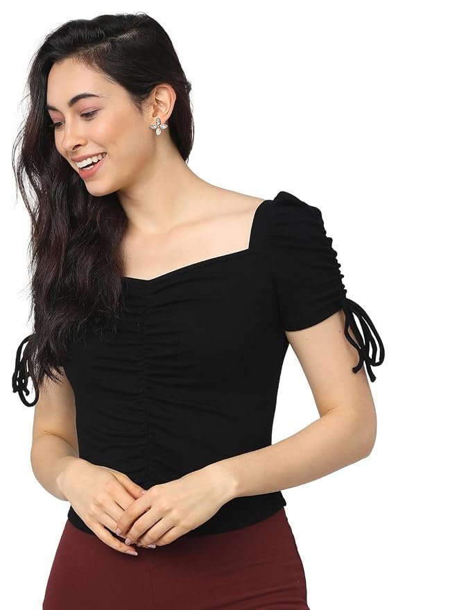 Tokyo Talkies Women's Short Sleeves Square Neck Solid Tops| Stylish | Casual Wear - Image 3