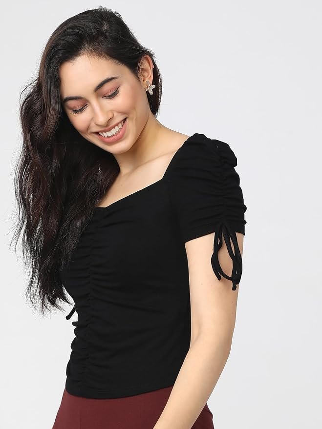 Tokyo Talkies Women's Short Sleeves Square Neck Solid Tops| Stylish | Casual Wear